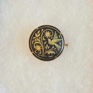 Vintage Damascene Brooch Black and Gold Round Brooch